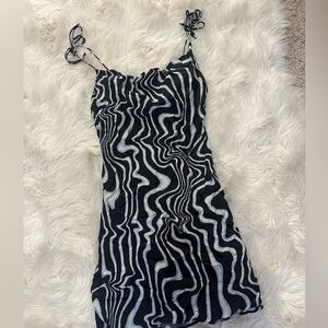 Zara Black and White Swirl Mini Dress with cowl neck and ties at shoulders